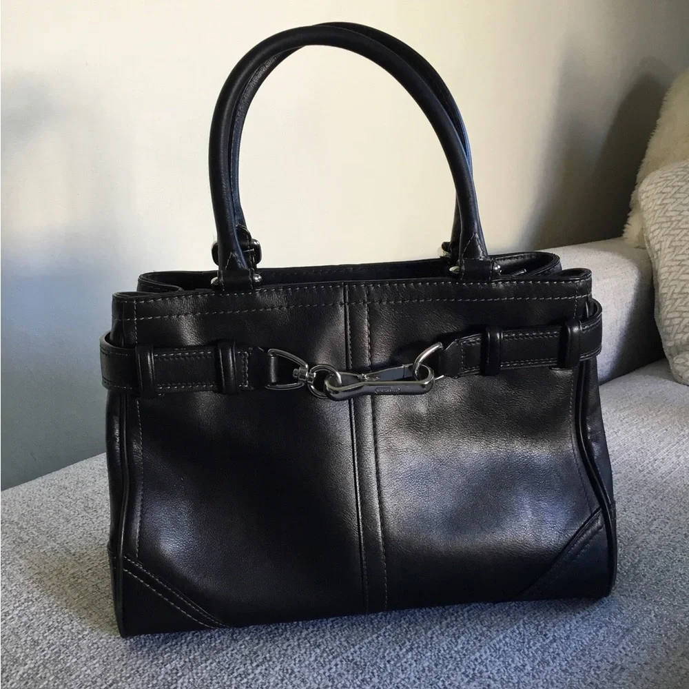 Coach Black Leather Top-Handle Satchel with Silver Hardware